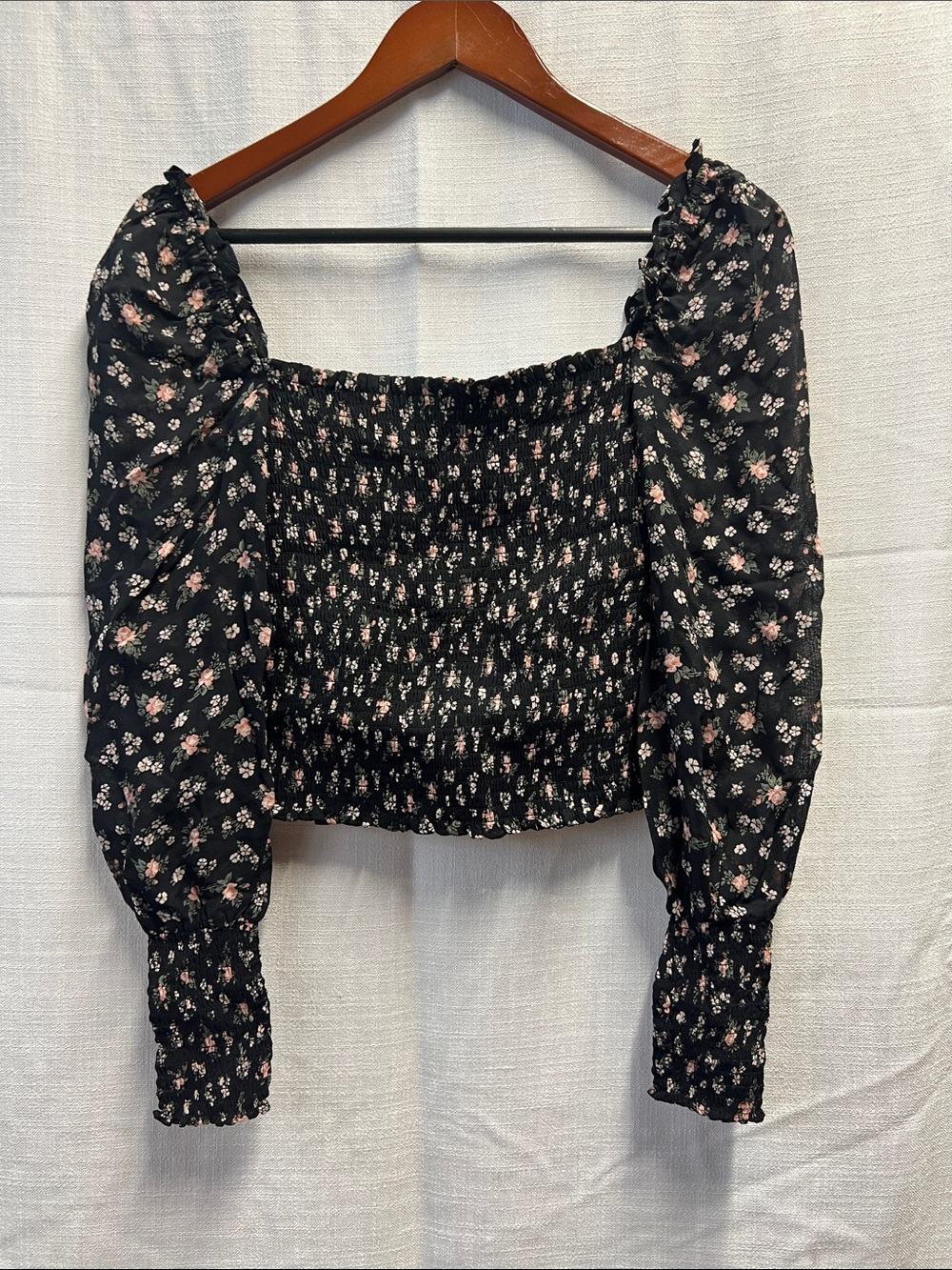Reformation Black Smocked Square-Neck Crop Top with Pink Floral Print